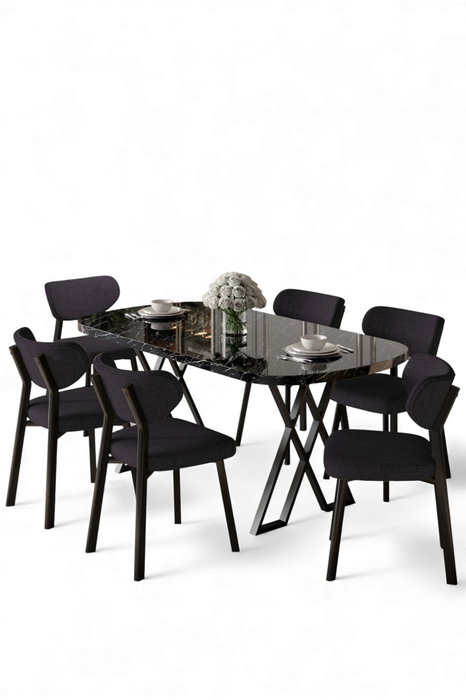 Hanah Home Axton Juego de Mesa y Sillas de 7 piezas - Mármol Negro y Antracita